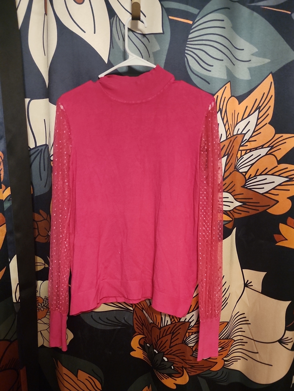 Cato Hot Pink Mock Neck Long-Sleeve Top with Sheer Dot Sleeves